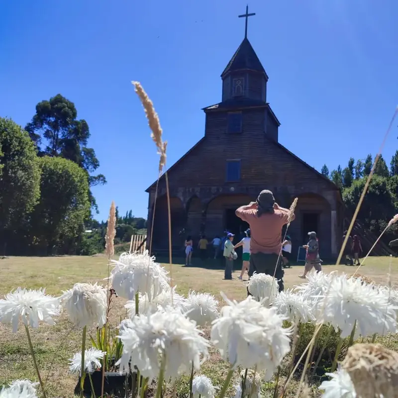 Iglesia de Ichuac en Isla Lemuy, con flores en primer plano
