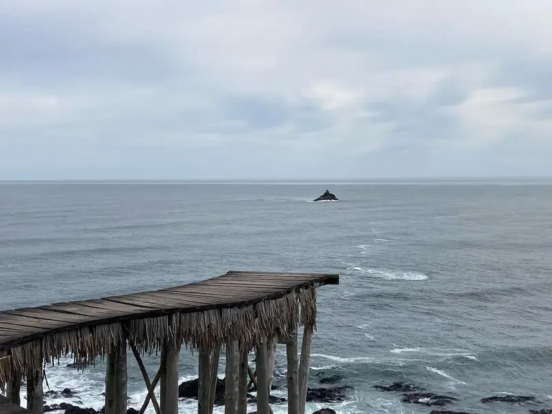 Viajera en el extremo del Muelle de la Luz sobre el océano